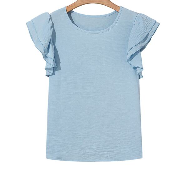 Mist Blue Ruffled Short Sleeve Top New Sizes: M L XL - Picture 2 of 8
